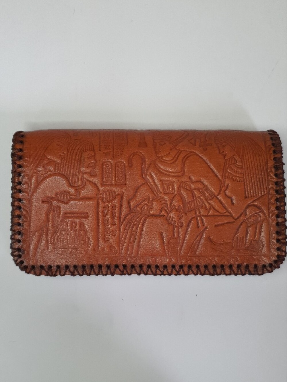 Hand-Tooled Brown Leather Wallet with Egyptian Motif - NEW